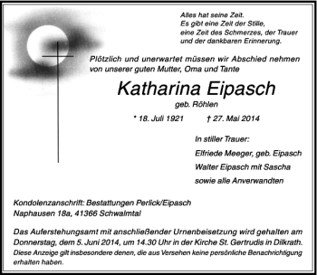 Traueranzeige von Katharina Eipasch von Rheinische Post
