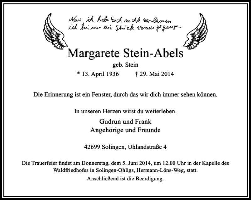  Traueranzeige für Margarete Stein-Abels vom 03.06.2014 aus Rheinische Post