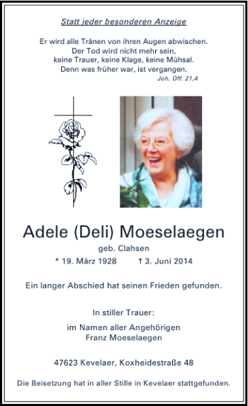 Traueranzeige von Adele (Deli) Moeselaegen von Rheinische Post