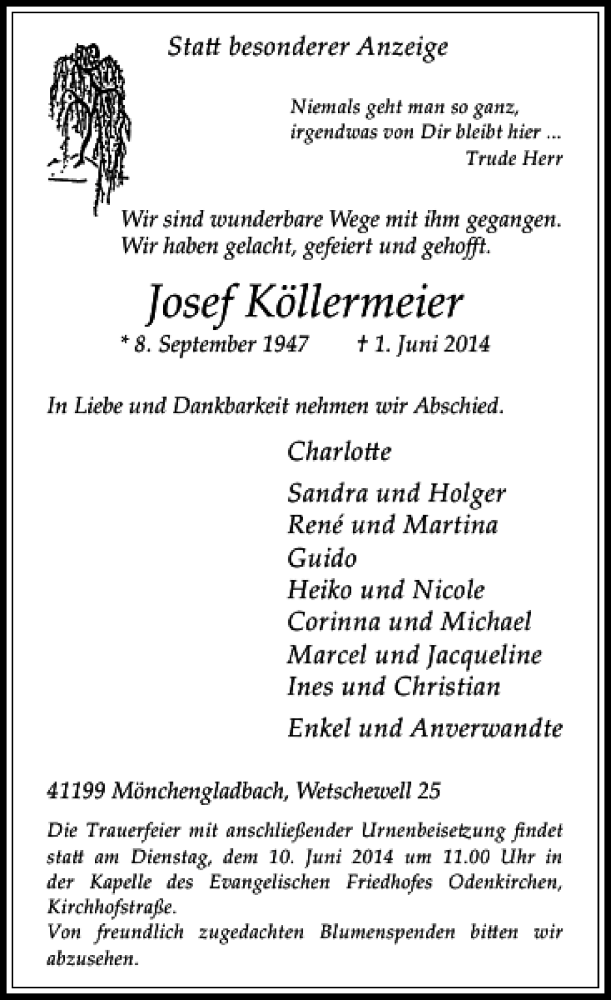  Traueranzeige für Josef Köllermeier vom 07.06.2014 aus Rheinische Post