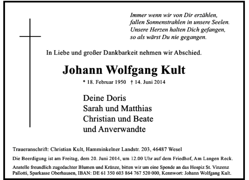  Traueranzeige für Johann Wolfgang Kult vom 17.06.2014 aus Rheinische Post