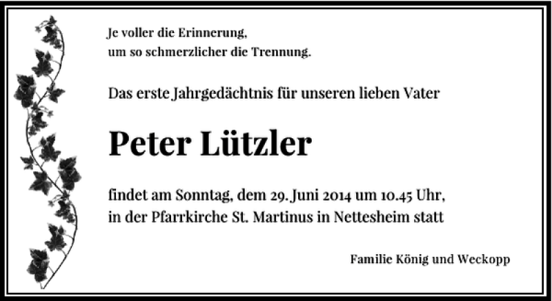  Traueranzeige für Peter Lützler vom 25.06.2014 aus Rheinische Post