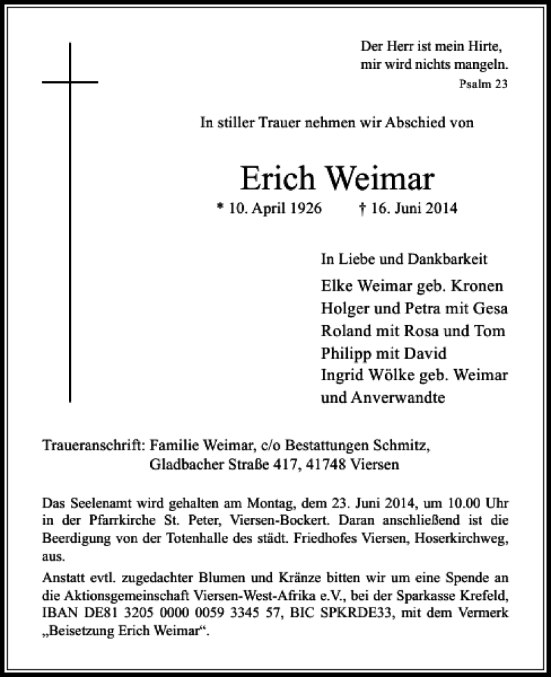  Traueranzeige für Erich Weimar vom 18.06.2014 aus Rheinische Post