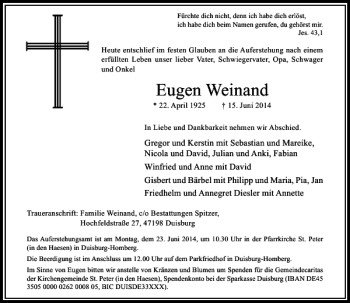 Traueranzeige von Eugen Weinand von Rheinische Post