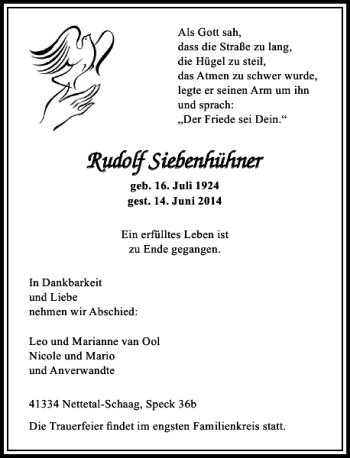 Traueranzeige von Rudolf Siebenhühner von Rheinische Post
