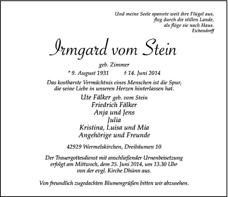  Traueranzeige für Irmgard vom Stein vom 18.06.2014 aus Rheinische Post