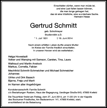 Traueranzeige von Gertrud Schmitt von Rheinische Post