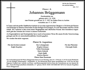 Traueranzeige von Johannes Brüggemann von Rheinische Post