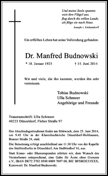 Traueranzeige von Dr. Manfred Budnowski von Rheinische Post