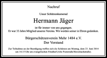 Traueranzeige von Hermann Jäger von Rheinische Post