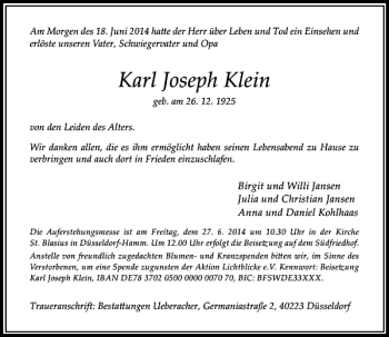 Traueranzeige von Karl Joseph Klein von Rheinische Post