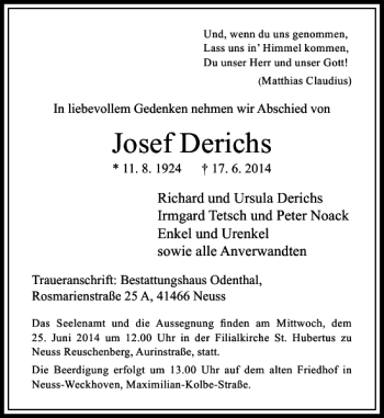Traueranzeige von Josef Derichs von Rheinische Post