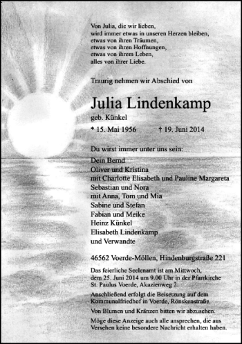 Traueranzeige von Julia Lindenkamp von Rheinische Post