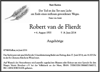Traueranzeige von Robert van de Fliert von Rheinische Post