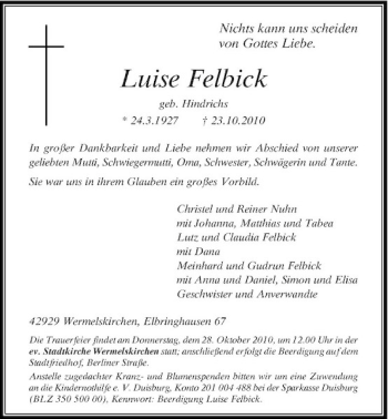 Traueranzeige von Luise Felbick von Rheinische Post
