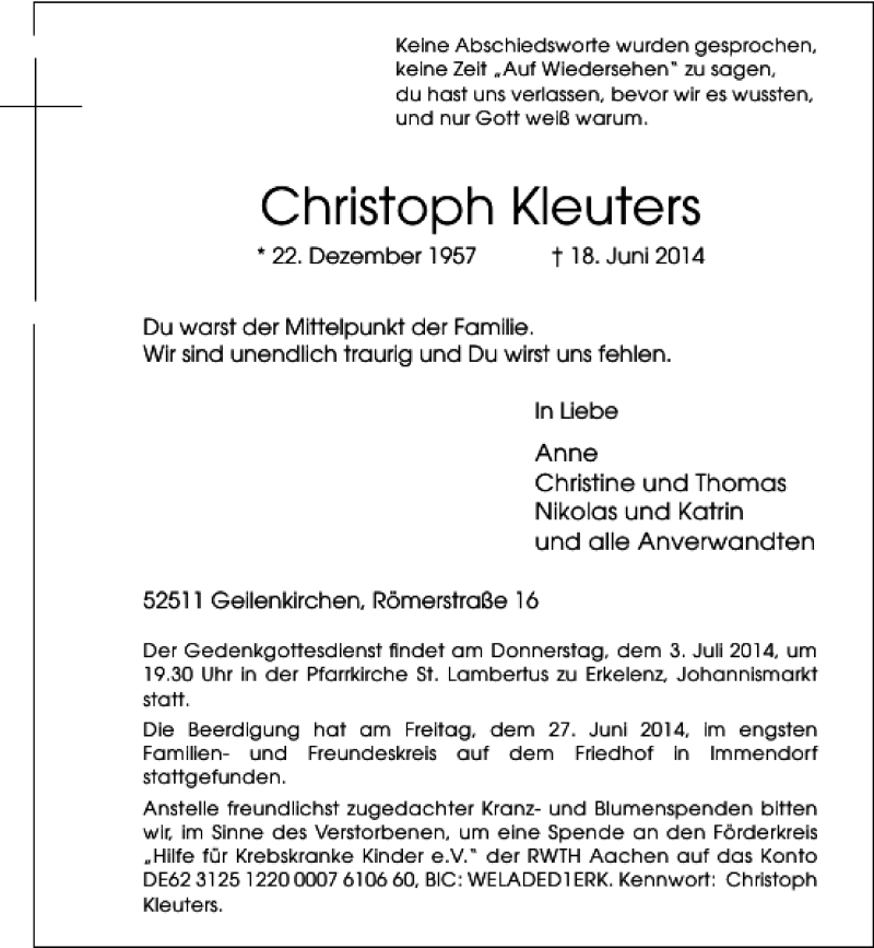  Traueranzeige für Kleuters Christoph vom 28.06.2014 aus Rheinische Post