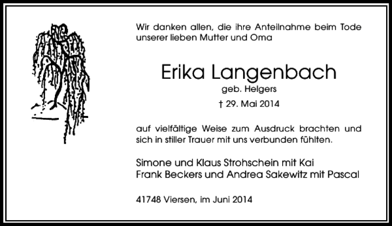  Traueranzeige für Erika Langenbach vom 28.06.2014 aus Rheinische Post