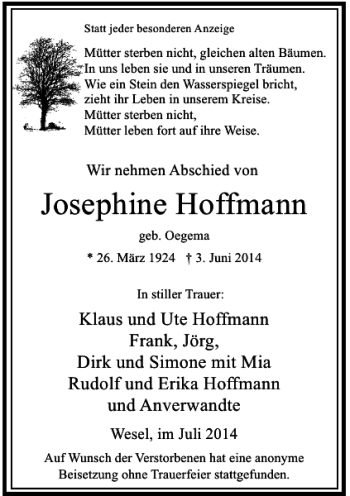 Traueranzeige von Josephine Hoffmann von Rheinische Post