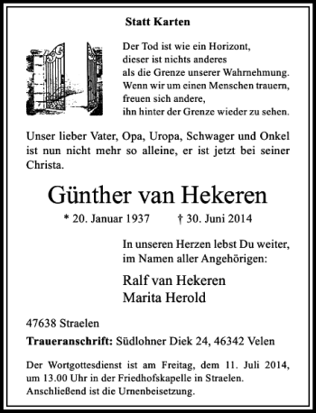 Traueranzeige von Günther van Hekeren von Rheinische Post