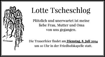 Traueranzeige von Lotte Tscheschlog von Rheinische Post