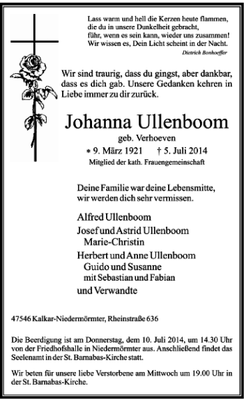 Traueranzeige von Johanna Ullenboom von Rheinische Post