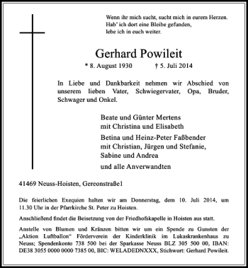 Traueranzeige von Gerhard Powileit von Rheinische Post