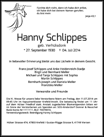 Traueranzeige von Hanny Schlippes von Rheinische Post