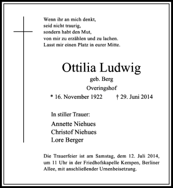 Traueranzeige von Ottilia Ludwig von Rheinische Post