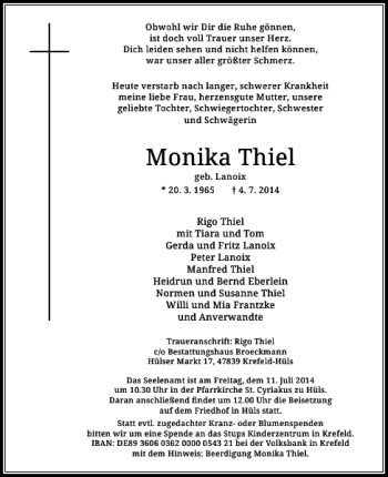 Traueranzeige von Monika Thiel von Rheinische Post