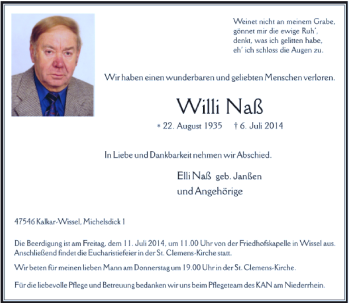 Traueranzeige von Willi Naß von Rheinische Post