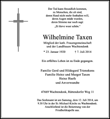 Traueranzeige von Wilhelmine Taxen von Rheinische Post