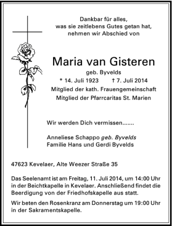 Traueranzeige von Maria van Gisteren von Rheinische Post