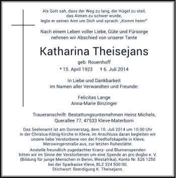 Traueranzeige von Katharina Theisejans von Rheinische Post