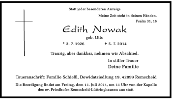 Traueranzeige von Edith Nowak geb. Otto von Rheinische Post