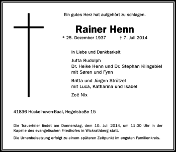 Traueranzeige von Rainer Henn von Rheinische Post