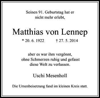 Traueranzeige von Matthias von Lennep von Rheinische Post