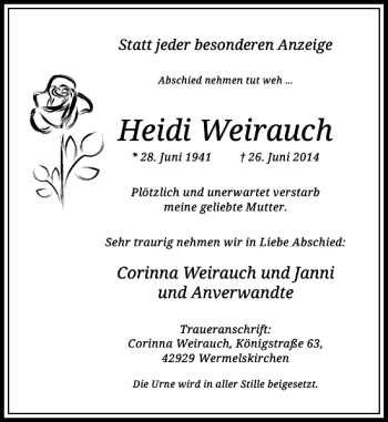 Traueranzeige von Heidi Weirauch von Rheinische Post