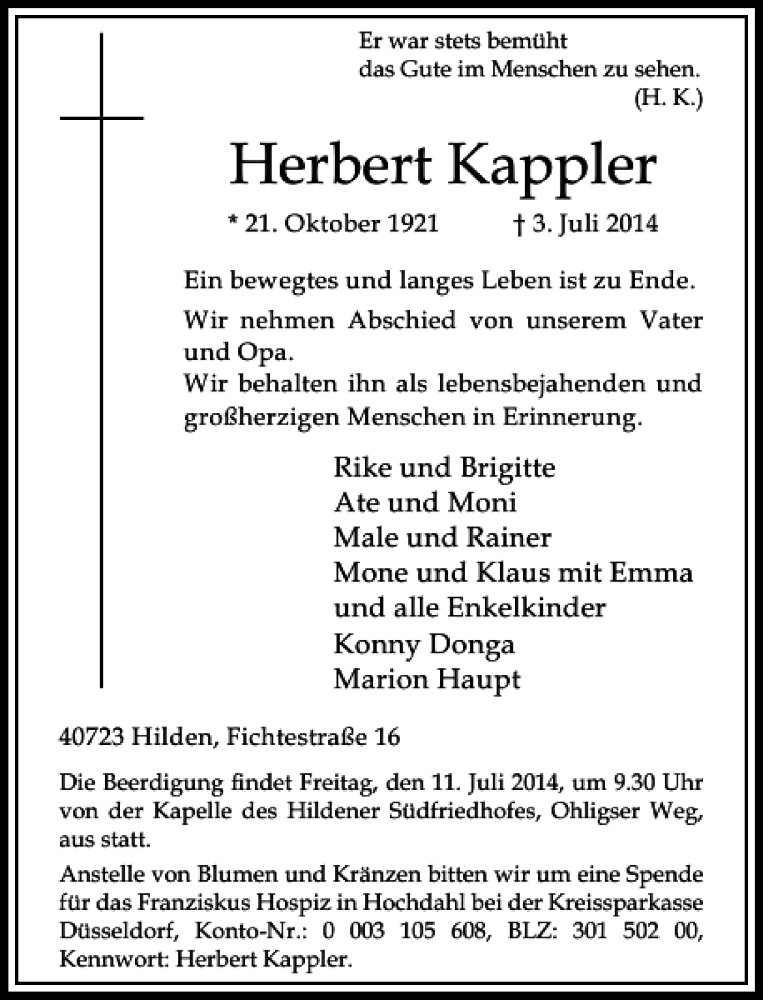  Traueranzeige für Herbert Kappler vom 08.07.2014 aus Rheinische Post