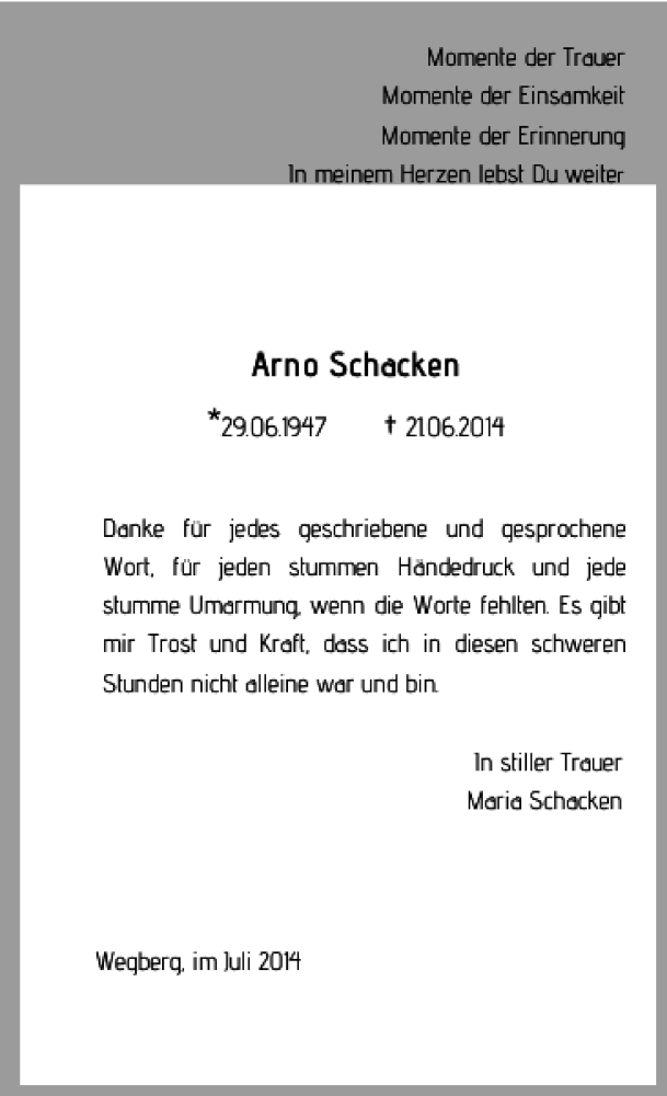  Traueranzeige für Arno Schacken vom 12.07.2014 aus Rheinische Post