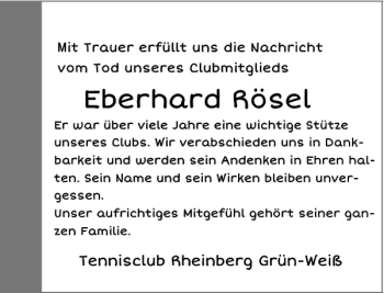 Traueranzeige von Eberhard Rösel von Rheinische Post