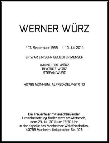 Traueranzeige von WERNER WÜRZ von Rheinische Post