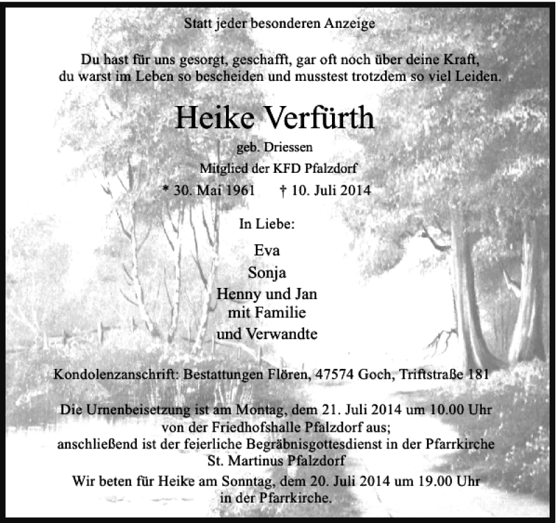  Traueranzeige für Heike Verfürth vom 17.07.2014 aus Rheinische Post