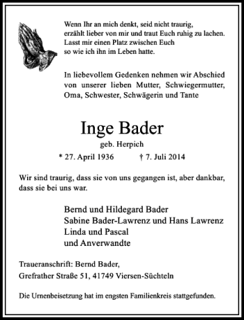 Traueranzeige von Inge Bader von Rheinische Post