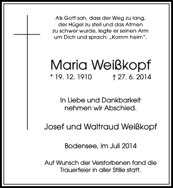 Traueranzeige von Maria Weißkopf von Rheinische Post