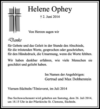 Traueranzeige von Helene Ophey von Rheinische Post