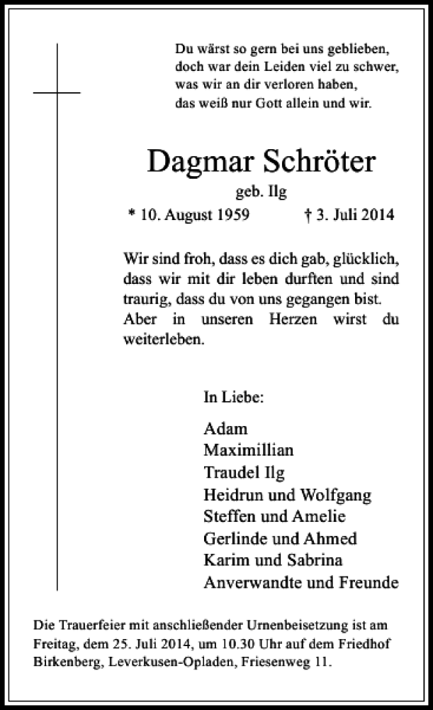  Traueranzeige für Dagmar Schröter geb. Ilg vom 19.07.2014 aus Rheinische Post