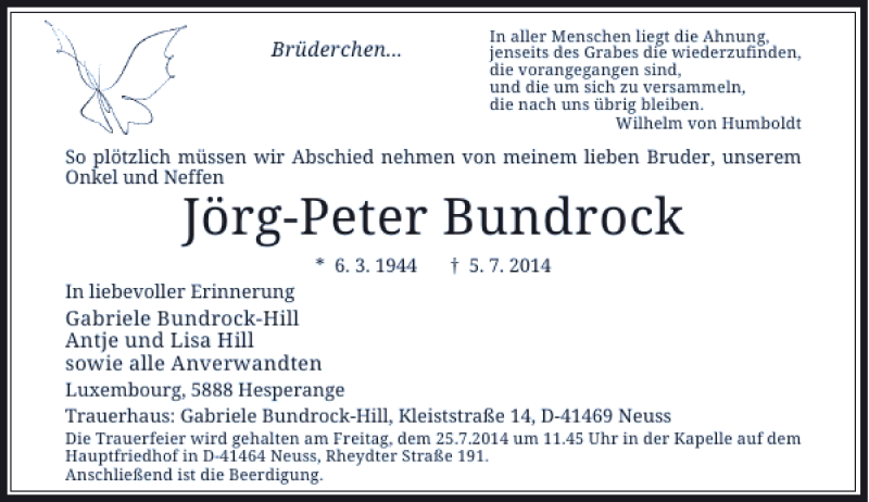  Traueranzeige für Bundrock Jörg-Peter vom 21.07.2014 aus Rheinische Post