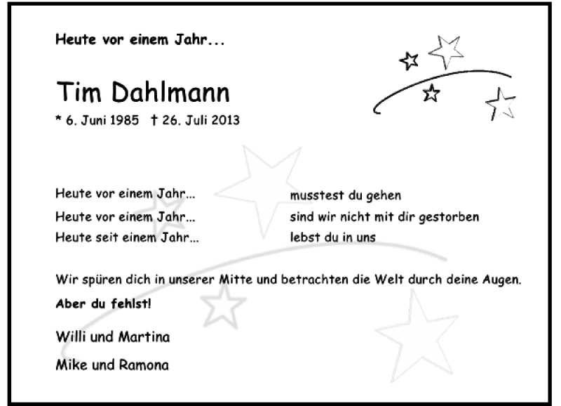  Traueranzeige für Tim Dahlmann vom 26.07.2014 aus Rheinische Post