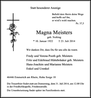 Traueranzeige von Magna Meisters von Rheinische Post