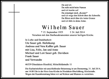 Traueranzeige von Wilhelm Sauer von Rheinische Post